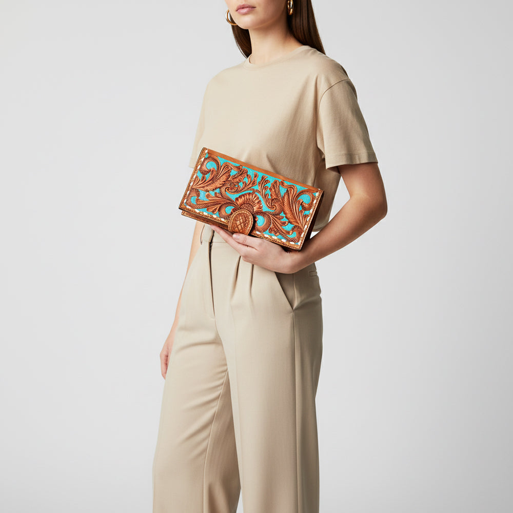 LC-ADBGZ402C Hand-Tooled Leather Women Wallet - Turquoise Floral Western Clutch