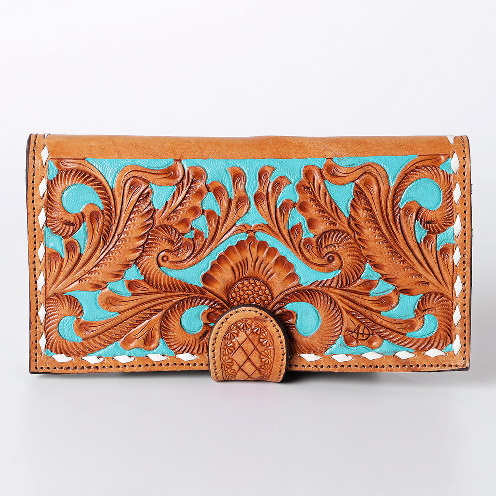 LC-ADBGZ402C Hand-Tooled Leather Women Wallet - Turquoise Floral Western Clutch