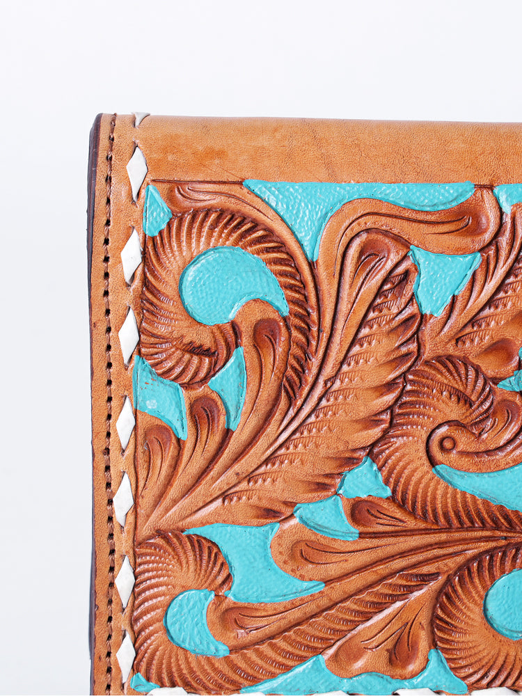 LC-ADBGZ402C Hand-Tooled Leather Women Wallet - Turquoise Floral Western Clutch