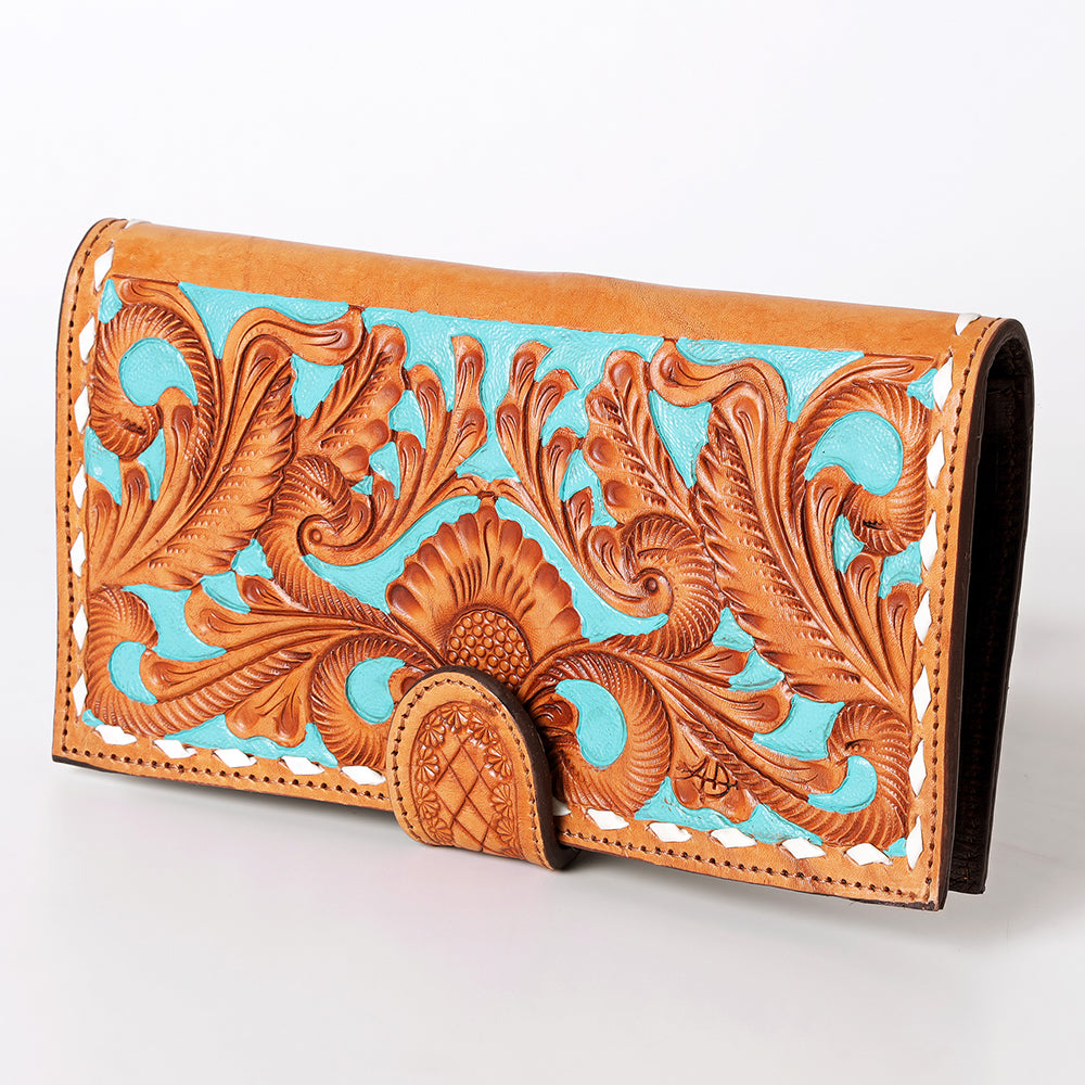 LC-ADBGZ402C Hand-Tooled Leather Women Wallet - Turquoise Floral Western Clutch