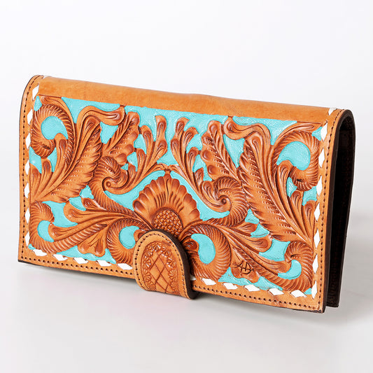 LC-ADBGZ402C Hand-Tooled Leather Women Wallet - Turquoise Floral Western Clutch