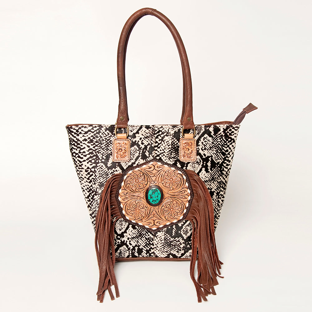 LC-ADBGA208 Hair-On Cowhide Tote with Tooled Leather Medallion, Fringe & Turquoise Accent