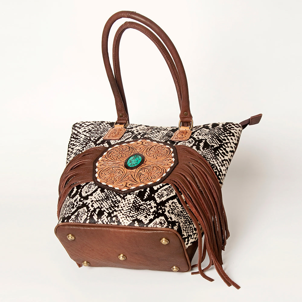 LC-ADBGA208 Hair-On Cowhide Tote with Tooled Leather Medallion, Fringe & Turquoise Accent