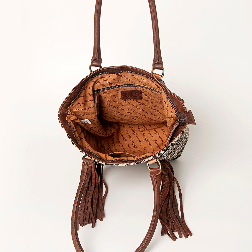 LC-ADBGA208 Hair-On Cowhide Tote with Tooled Leather Medallion, Fringe & Turquoise Accent