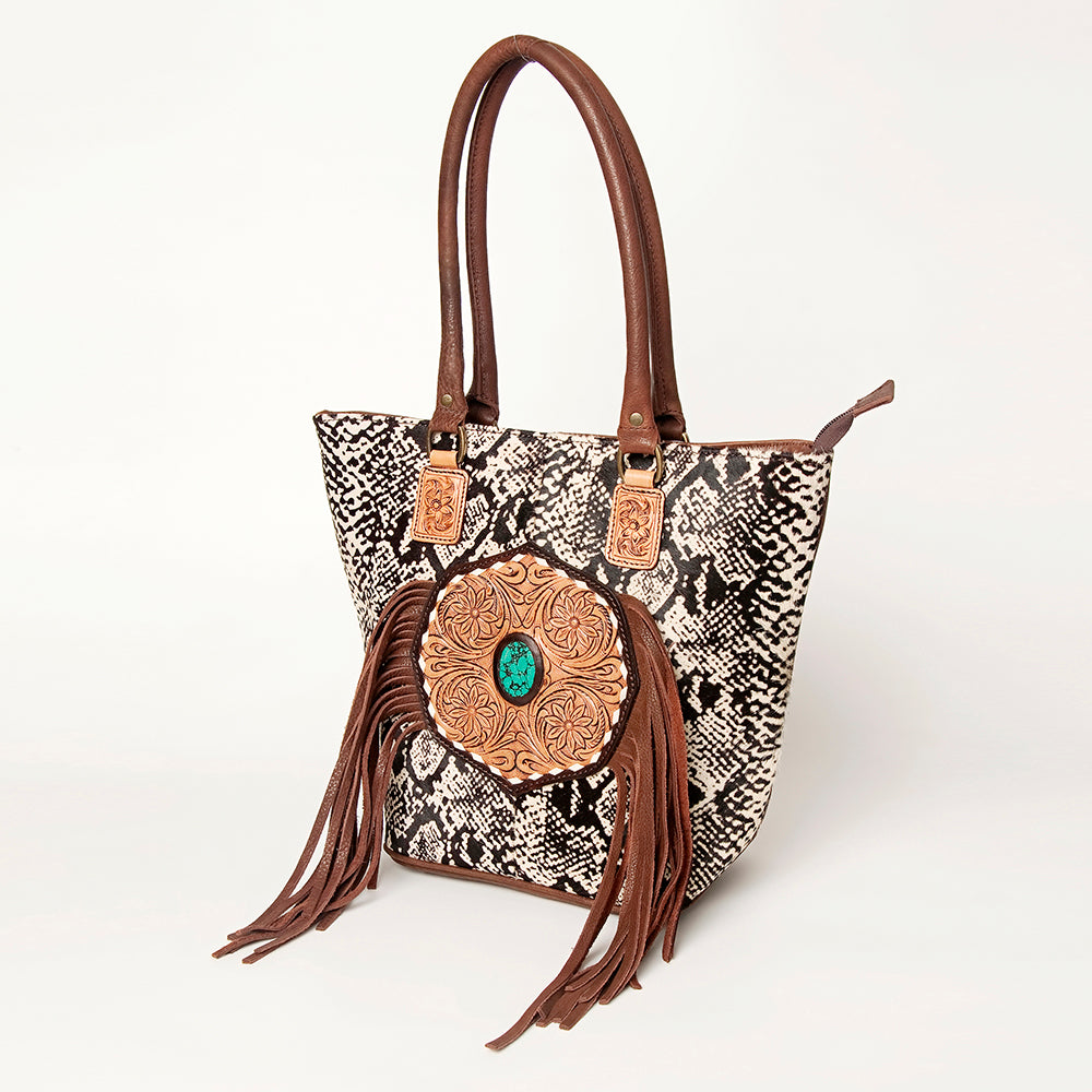 LC-ADBGA208 Hair-On Cowhide Tote with Tooled Leather Medallion, Fringe & Turquoise Accent