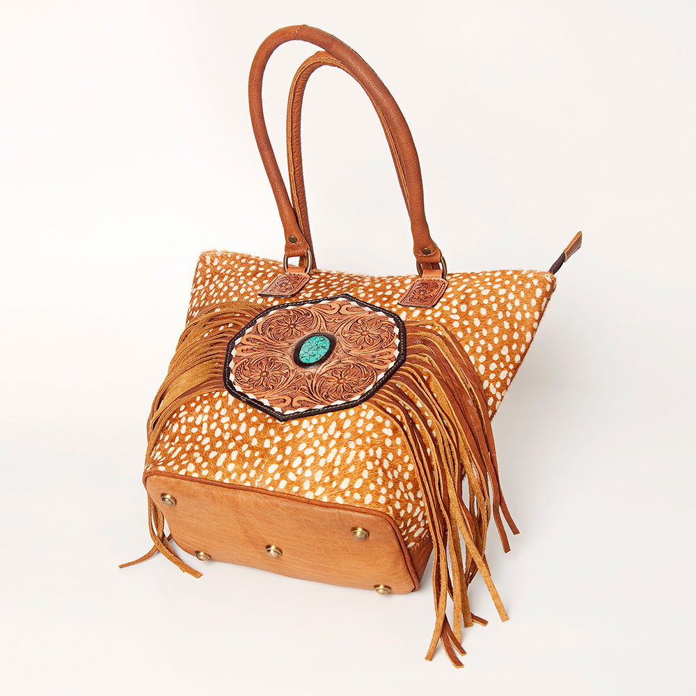 LC-ADBGA208 Hair-On Cowhide Tote with Tooled Leather Medallion, Fringe & Turquoise Accent