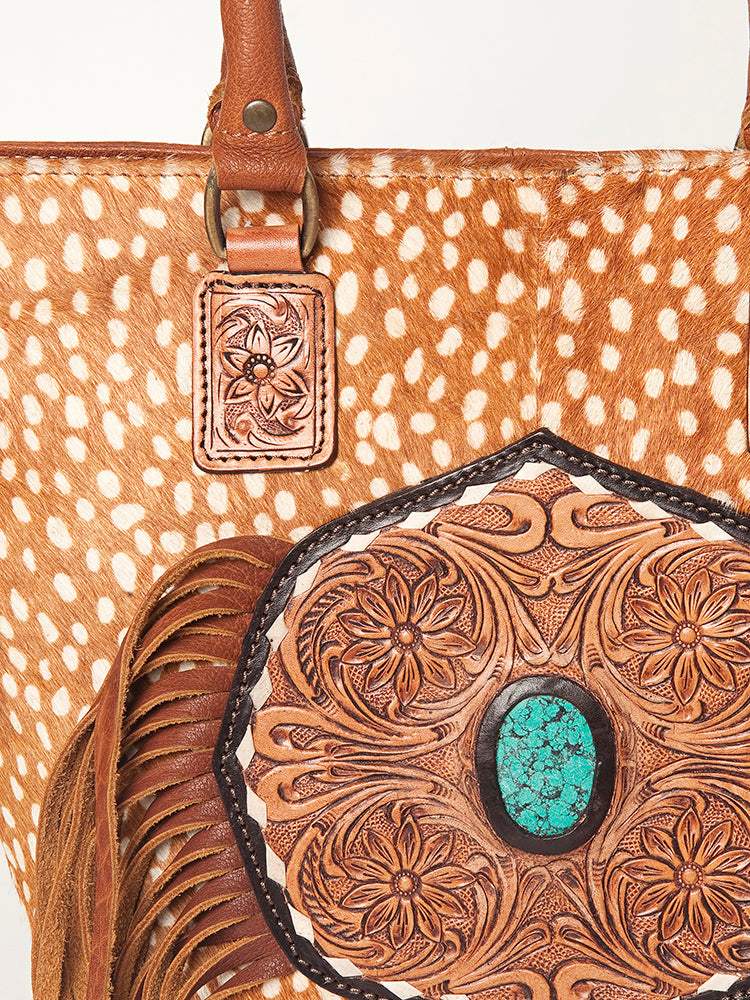 LC-ADBGA208 Hair-On Cowhide Tote with Tooled Leather Medallion, Fringe & Turquoise Accent