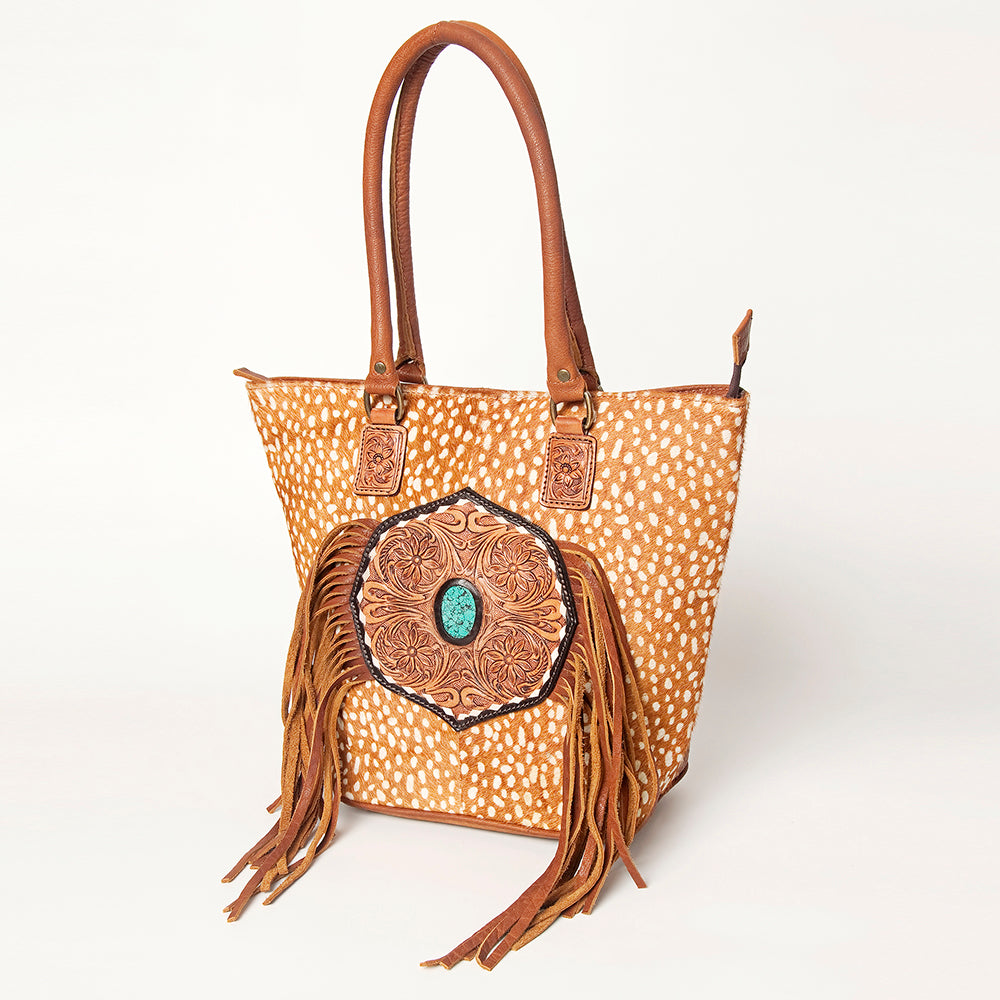 LC-ADBGA208 Hair-On Cowhide Tote with Tooled Leather Medallion, Fringe & Turquoise Accent
