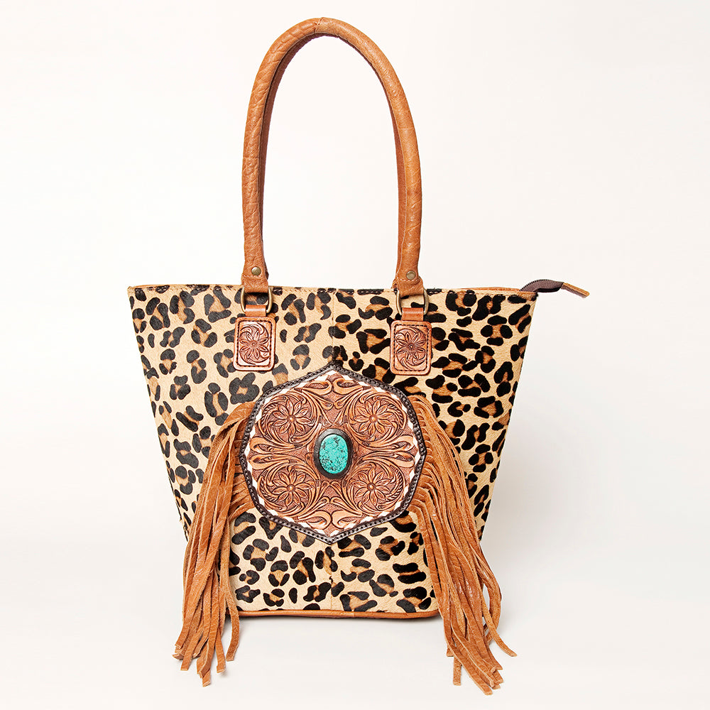 LC-ADBGA208 Hair-On Cowhide Tote with Tooled Leather Medallion, Fringe & Turquoise Accent