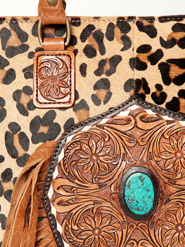 LC-ADBGA208 Hair-On Cowhide Tote with Tooled Leather Medallion, Fringe & Turquoise Accent
