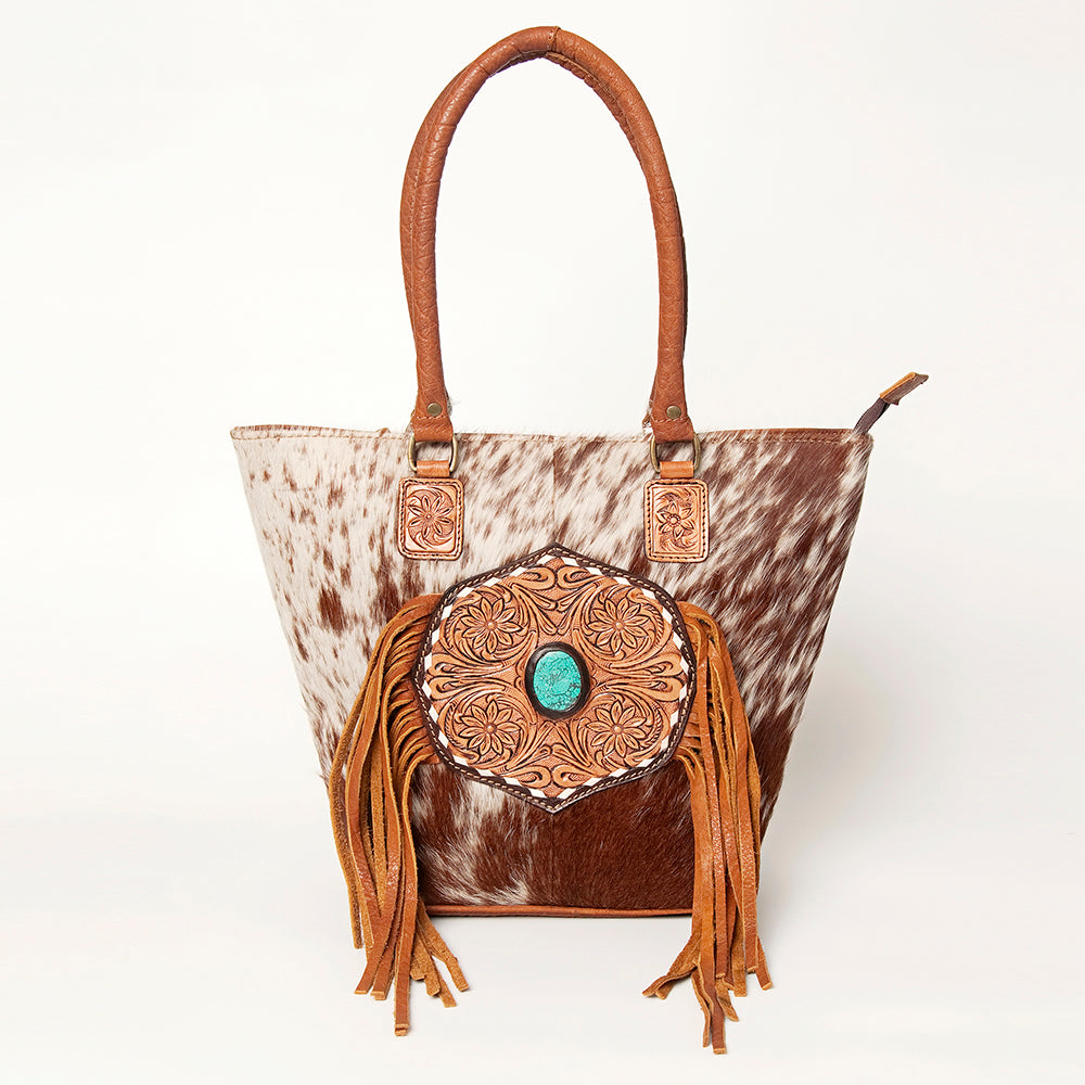 LC-ADBGA208 Hair-On Cowhide Tote with Tooled Leather Medallion, Fringe & Turquoise Accent