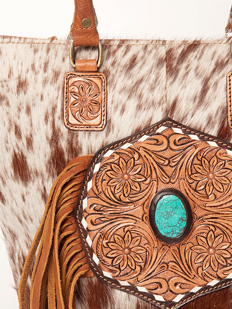 LC-ADBGA208 Hair-On Cowhide Tote with Tooled Leather Medallion, Fringe & Turquoise Accent