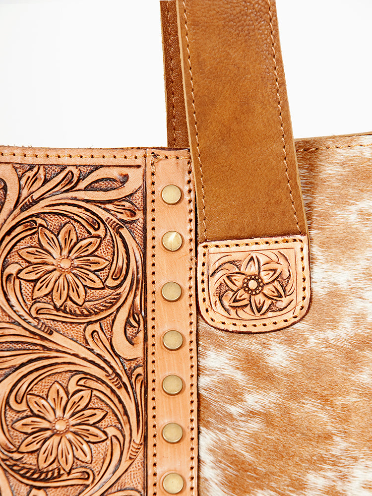 LC-ADBGA210 Western Tooled Leather Tote Bag with Hair-On Hide