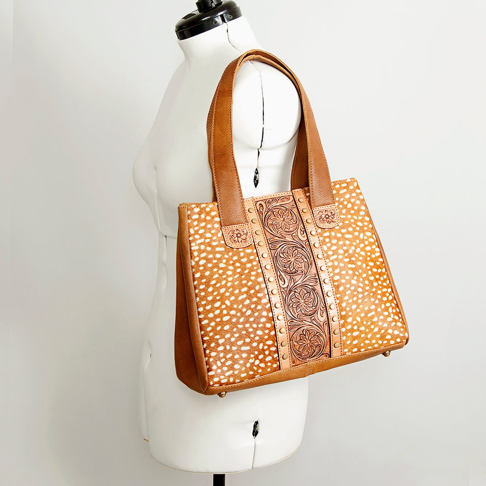 LC-ADBGA210 Western Tooled Leather Tote Bag with Hair-On Hide