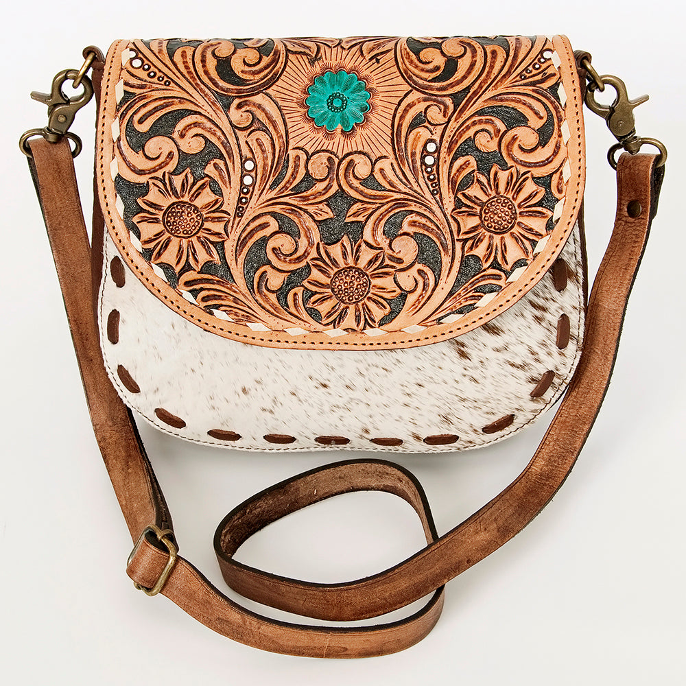 LC-ADBGA211 American Darling Messenger Bag-Floral Hand Tooled Leather & Hair-On Hide
