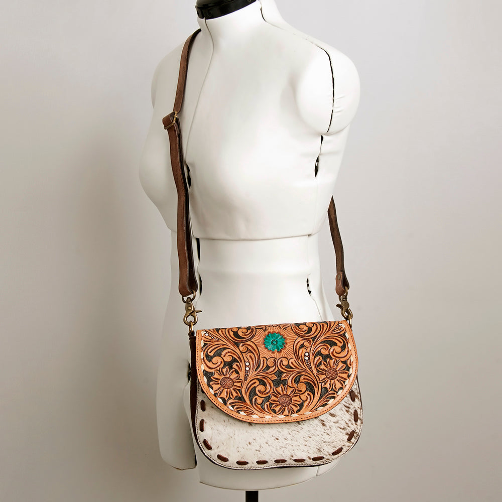 LC-ADBGA211 American Darling Messenger Bag-Floral Hand Tooled Leather & Hair-On Hide