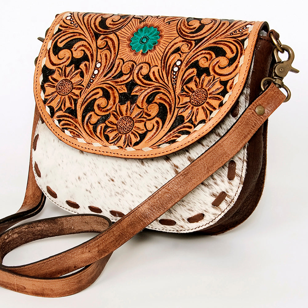 LC-ADBGA211 American Darling Messenger Bag-Floral Hand Tooled Leather & Hair-On Hide