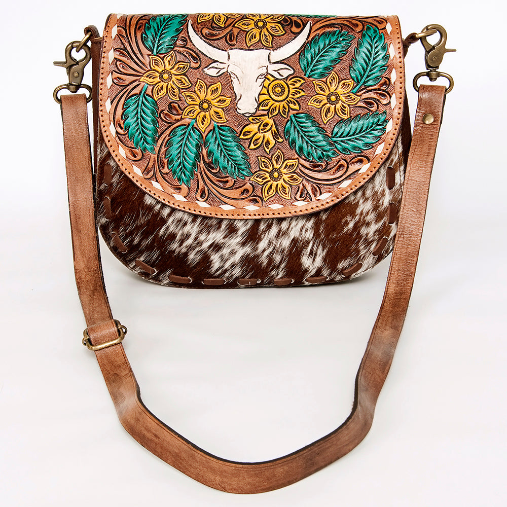 LC-ADBGA211 American Darling Messenger Bag-Floral Hand Tooled Leather & Hair-On Hide