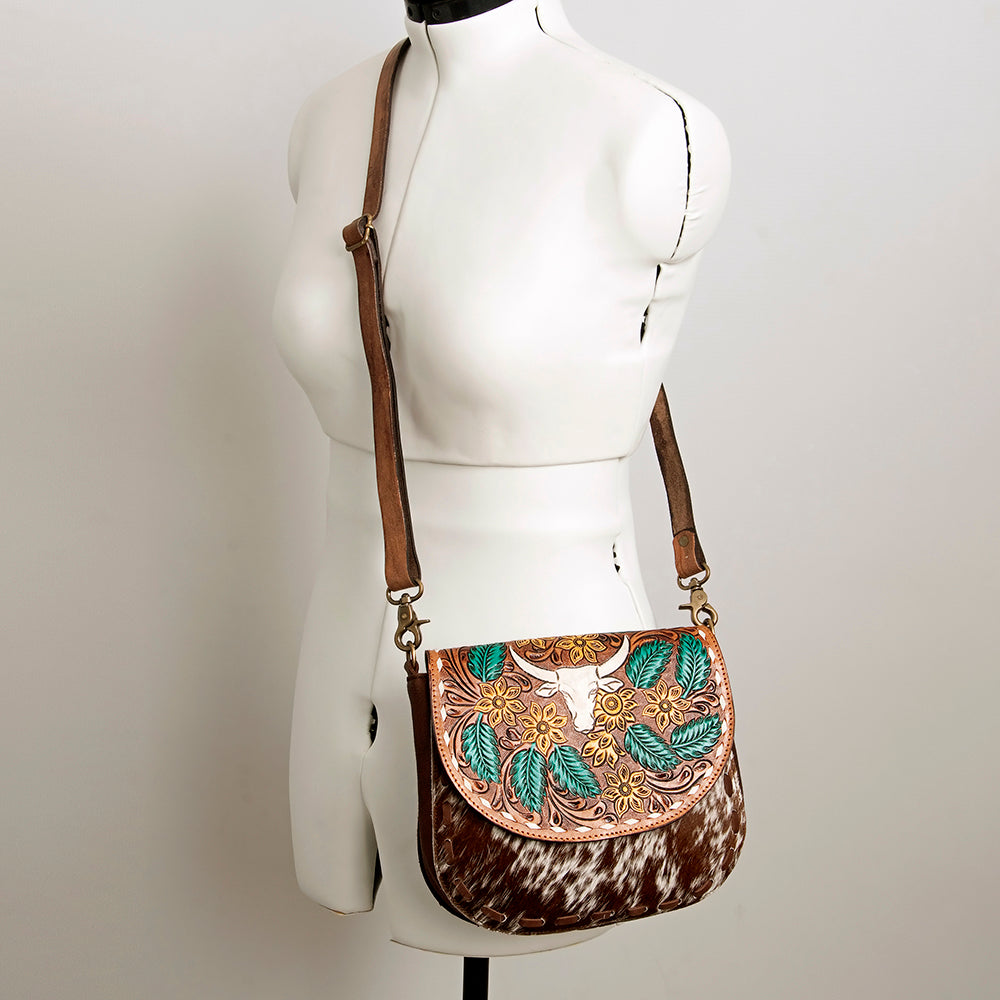 LC-ADBGA211 American Darling Messenger Bag-Floral Hand Tooled Leather & Hair-On Hide