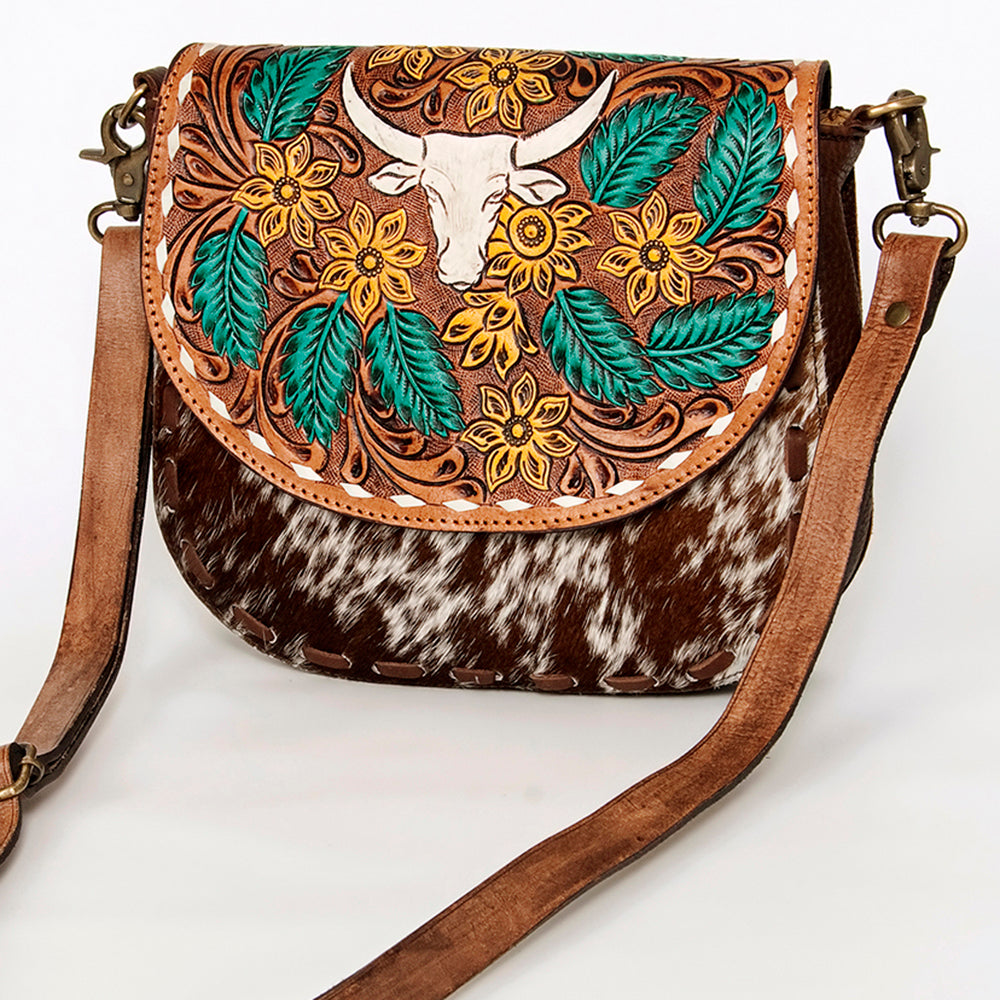 LC-ADBGA211 American Darling Messenger Bag-Floral Hand Tooled Leather & Hair-On Hide
