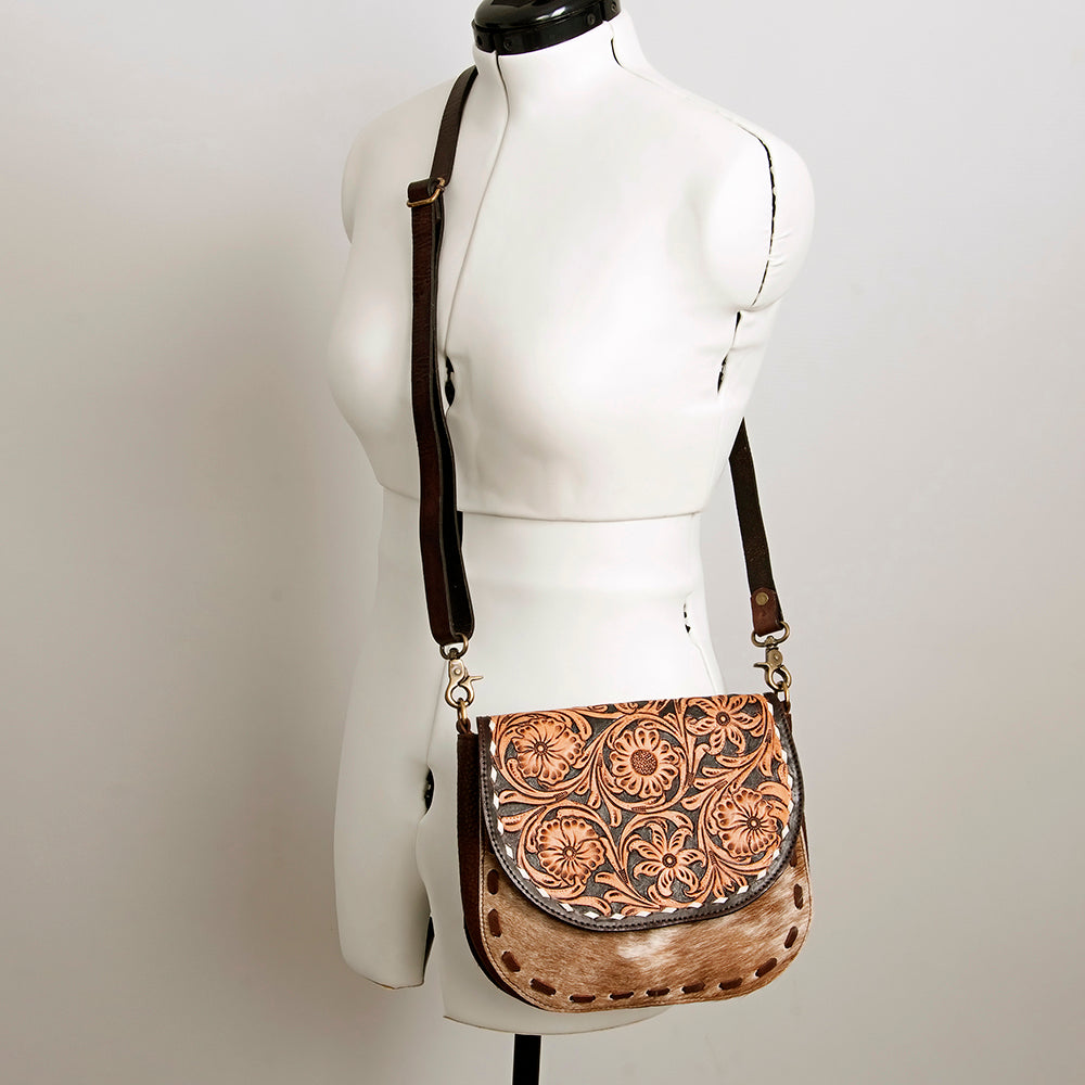 LC-ADBGA211 American Darling Messenger Bag-Floral Hand Tooled Leather & Hair-On Hide