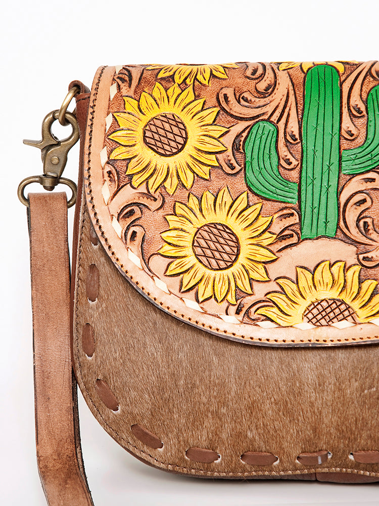 LC-ADBGA211 American Darling Messenger Bag-Floral Hand Tooled Leather & Hair-On Hide