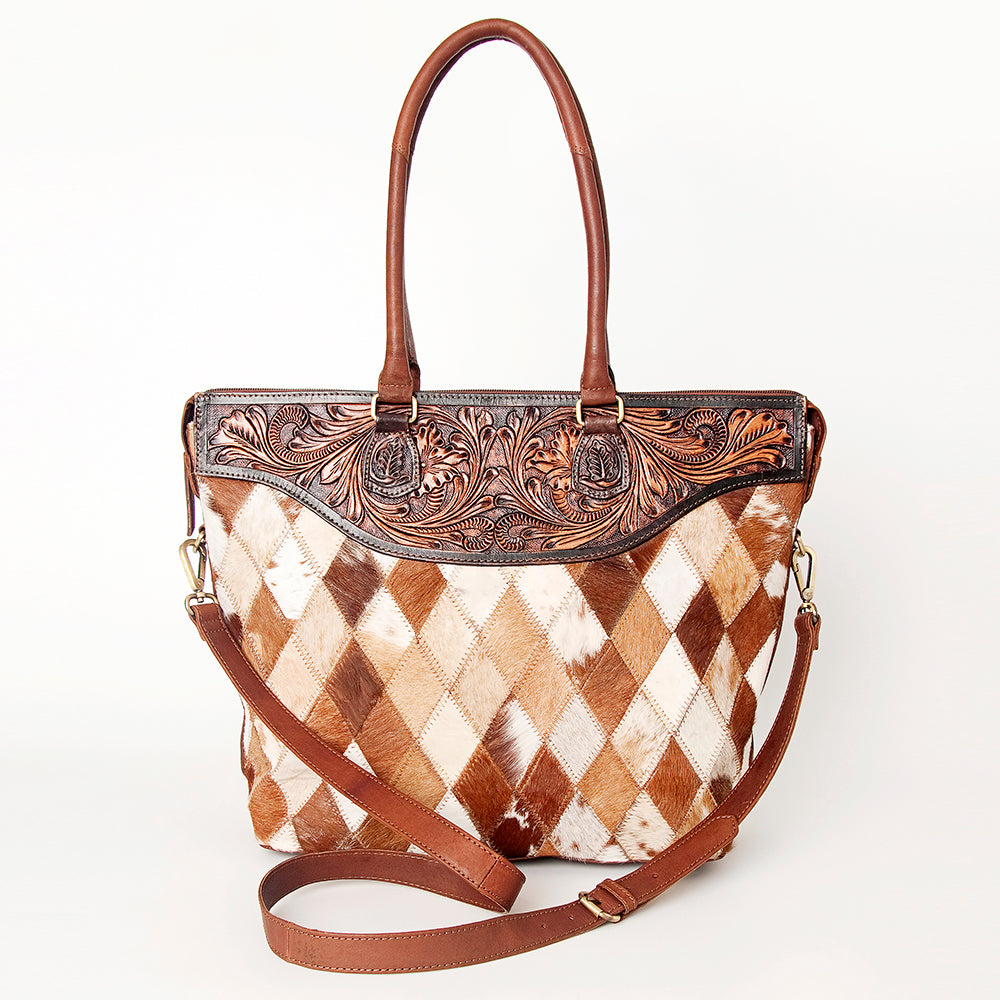 ADBGI105 Western Tote Bag - Genuine Leather & Hair-On Hide with Tooled Detailing