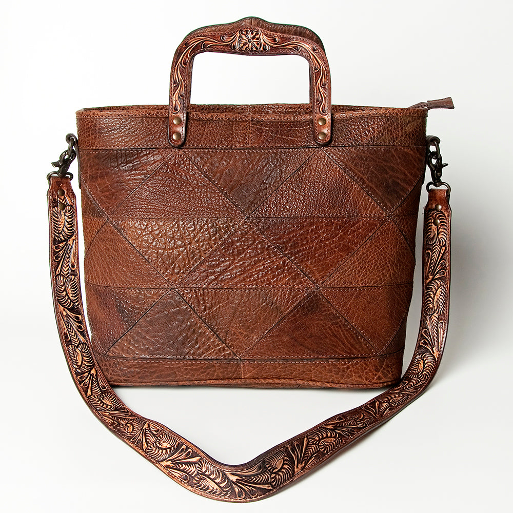 LC-ADBGZ491 Patchwork Embossed Brown Leather Tote Bag - Tooled Handle & Strap Western Satchel