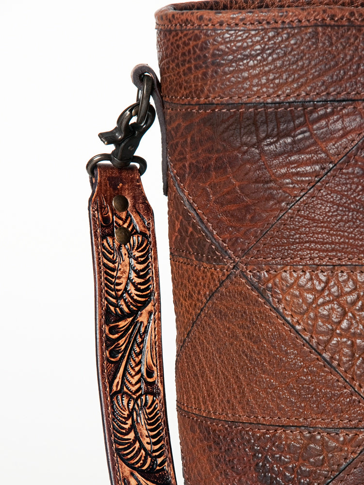 LC-ADBGZ491 Patchwork Embossed Brown Leather Tote Bag - Tooled Handle & Strap Western Satchel