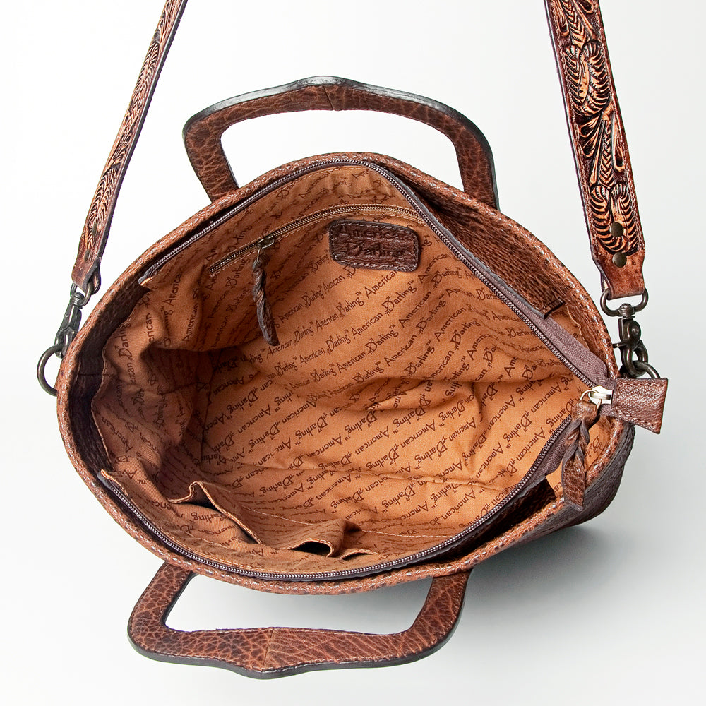 LC-ADBGZ491 Patchwork Embossed Brown Leather Tote Bag - Tooled Handle & Strap Western Satchel