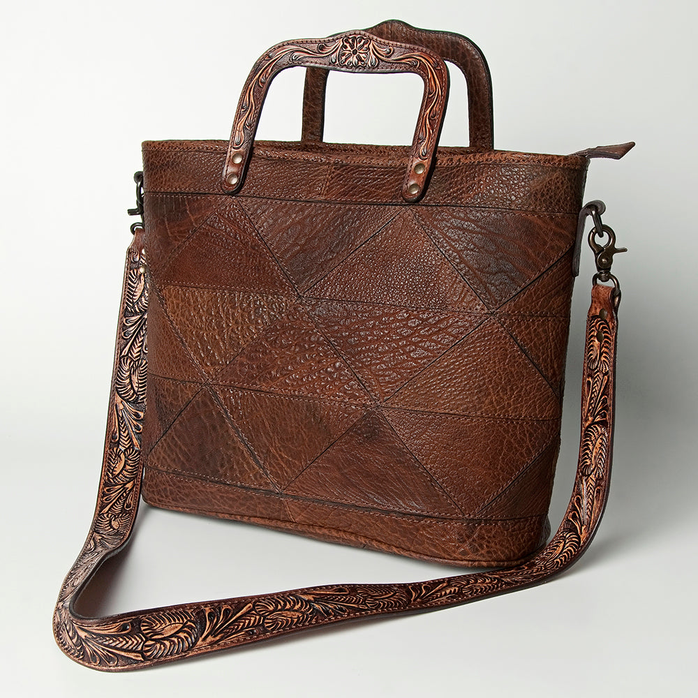 LC-ADBGZ491 Patchwork Embossed Brown Leather Tote Bag - Tooled Handle & Strap Western Satchel