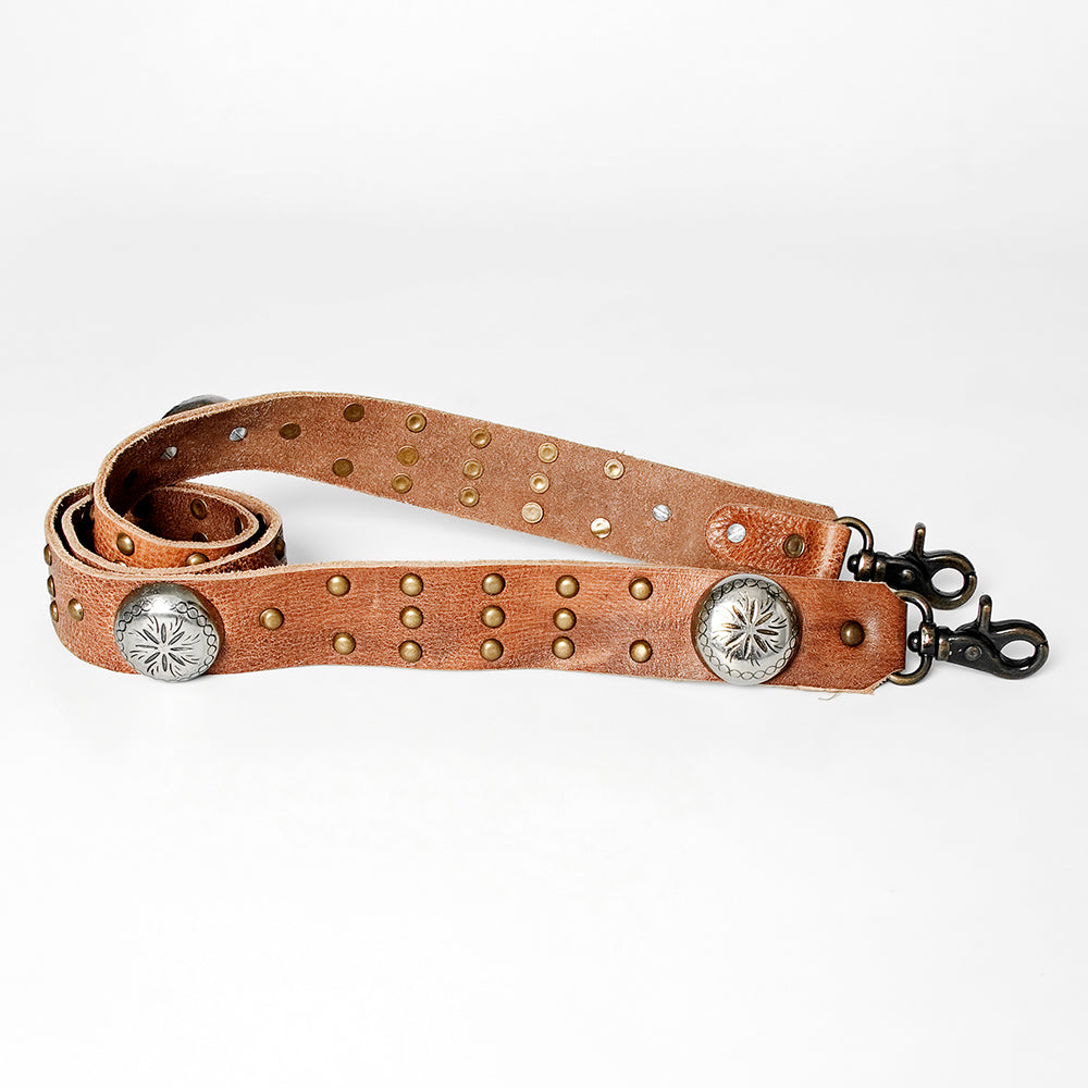 LC-ADBT134 Western Leather Bag Strap with Silver Conchos & Brass Studs - Adjustable Replacement