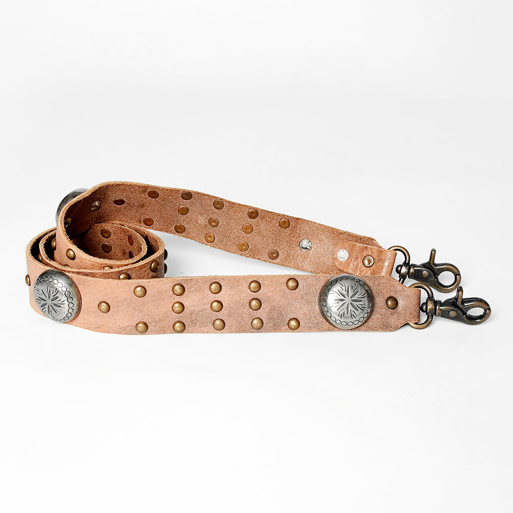 LC-ADBT134 Western Leather Bag Strap with Silver Conchos & Brass Studs - Adjustable Replacement