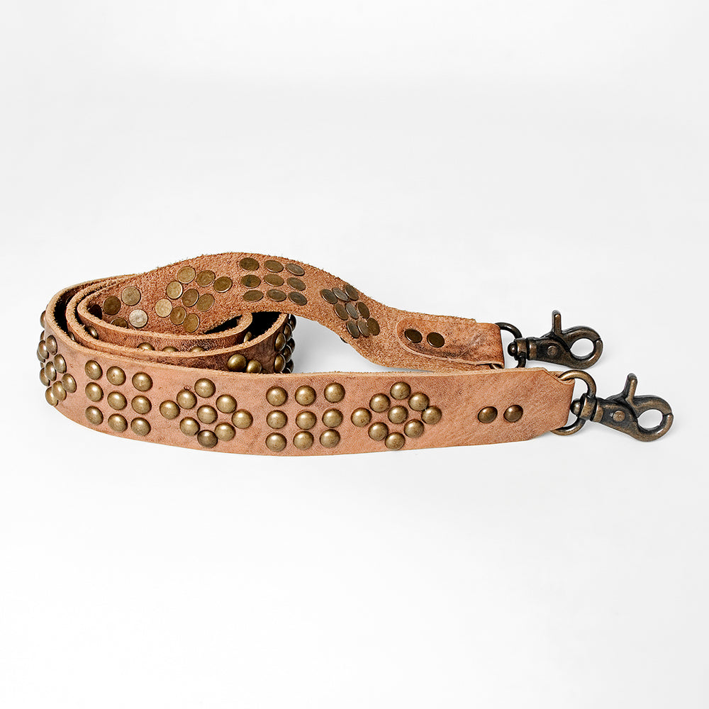 LC-ADBT135 Western Tan Leather Bag Strap with Brass Diamond Studs - Rustic Handcrafted Replacement