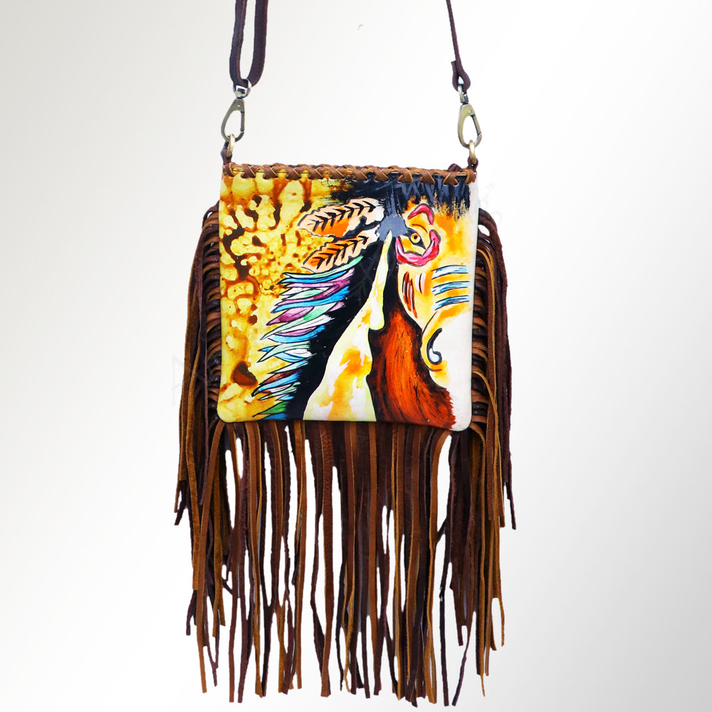 ADBGM229 Hand-Painted Leather Fringe Large Crossbody Bag - Bold Abstract Horse with Feathers