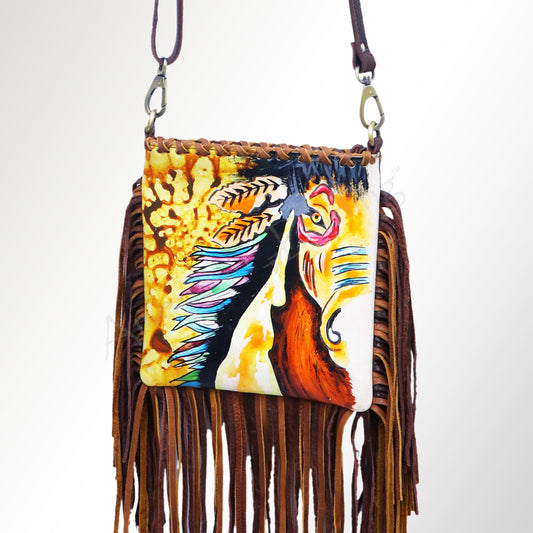 ADBGM229 Hand-Painted Leather Fringe Large Crossbody Bag - Bold Abstract Horse with Feathers