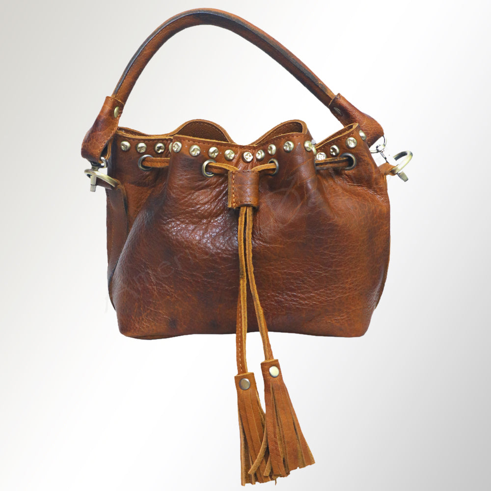 ADBGM189 Genuine Leather Bucket Bag - Western Studded Drawstring Purse with Fringe Tassel
