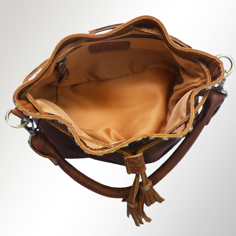 ADBGM189 Genuine Leather Bucket Bag - Western Studded Drawstring Purse with Fringe Tassel