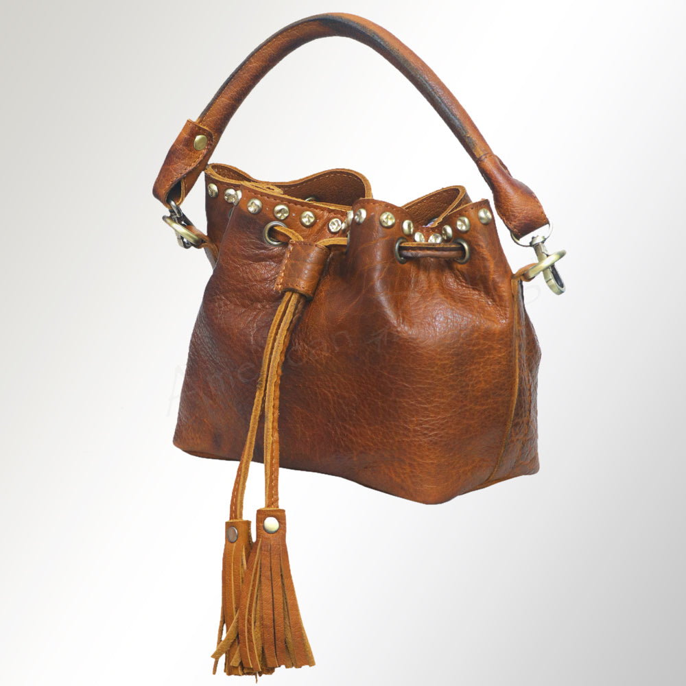 ADBGM189 Genuine Leather Bucket Bag - Western Studded Drawstring Purse with Fringe Tassel