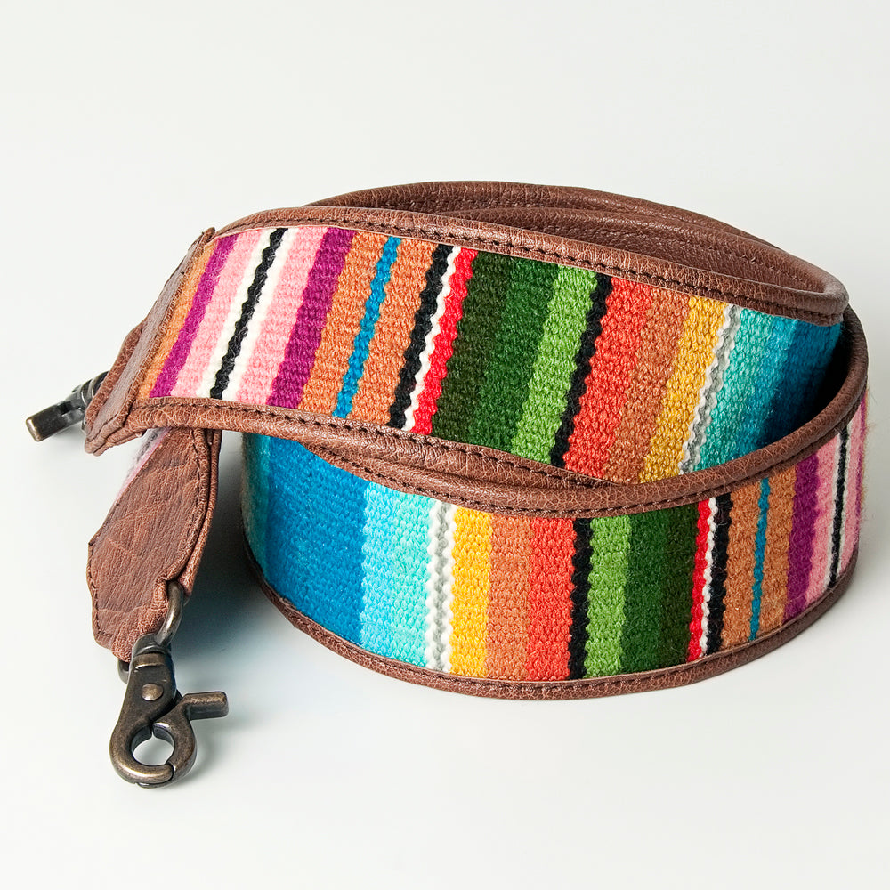 ADBT138 Southwestern Woven Bag Strap with Brown Leather Trim - Adjustable Colorful Replacement