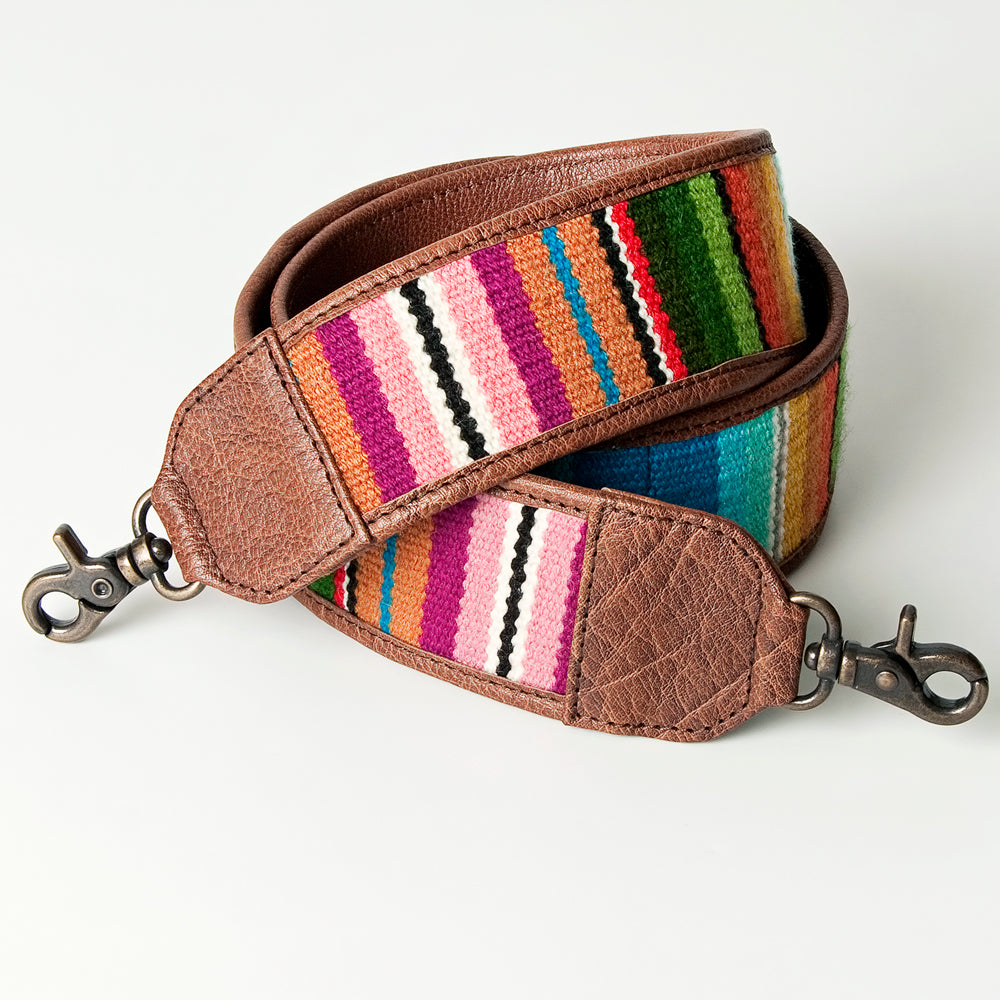 ADBT138 Southwestern Woven Bag Strap with Brown Leather Trim - Adjustable Colorful Replacement