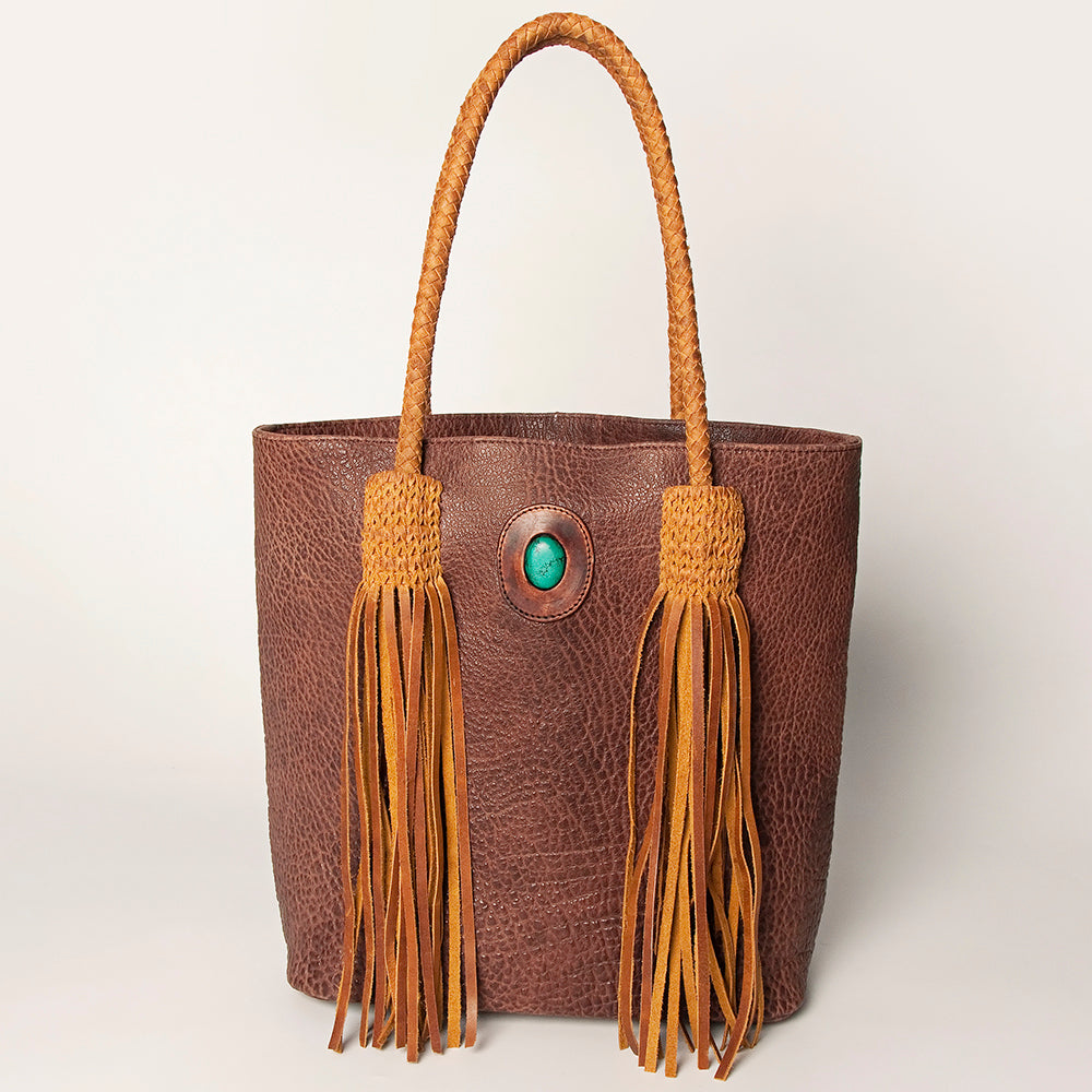 LC-ADBGZ497A Brown Leather Western Tote Bag - Braided Fringe Handles with Turquoise Accent
