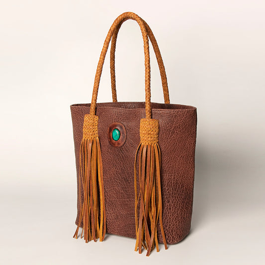 LC-ADBGZ497A Brown Leather Western Tote Bag - Braided Fringe Handles with Turquoise Accent
