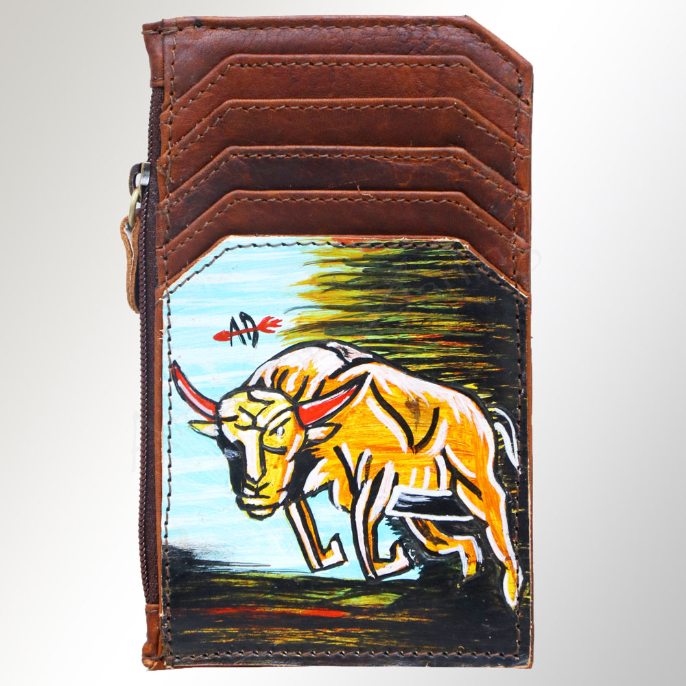 ADCCM101 Hand-Painted Card Holder - Western Cowhide Leather Zip Wallet