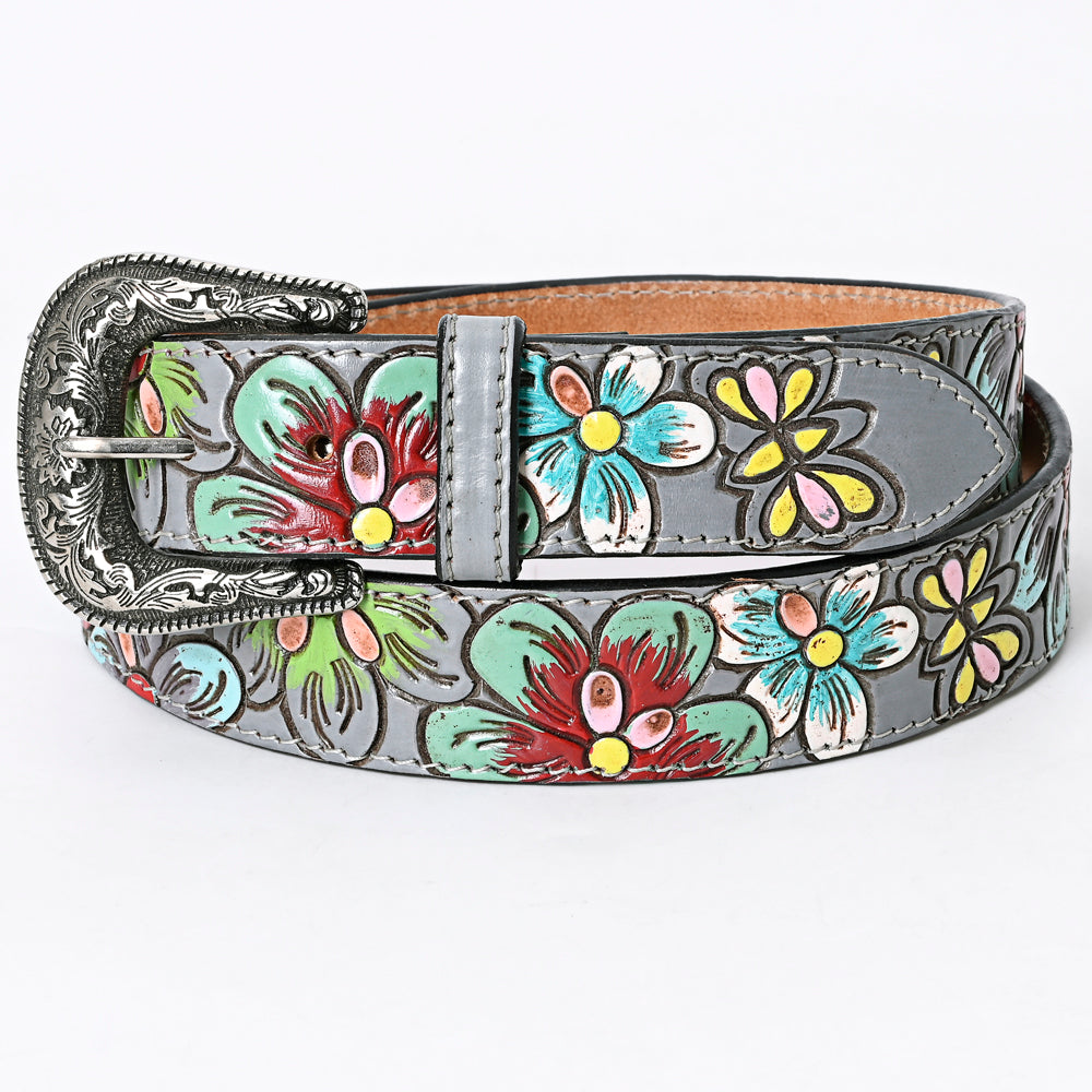 LC-ADBLF127 Hand-Tooled Leather Belt - Multicolor Flowers on Gray with Western Buckle