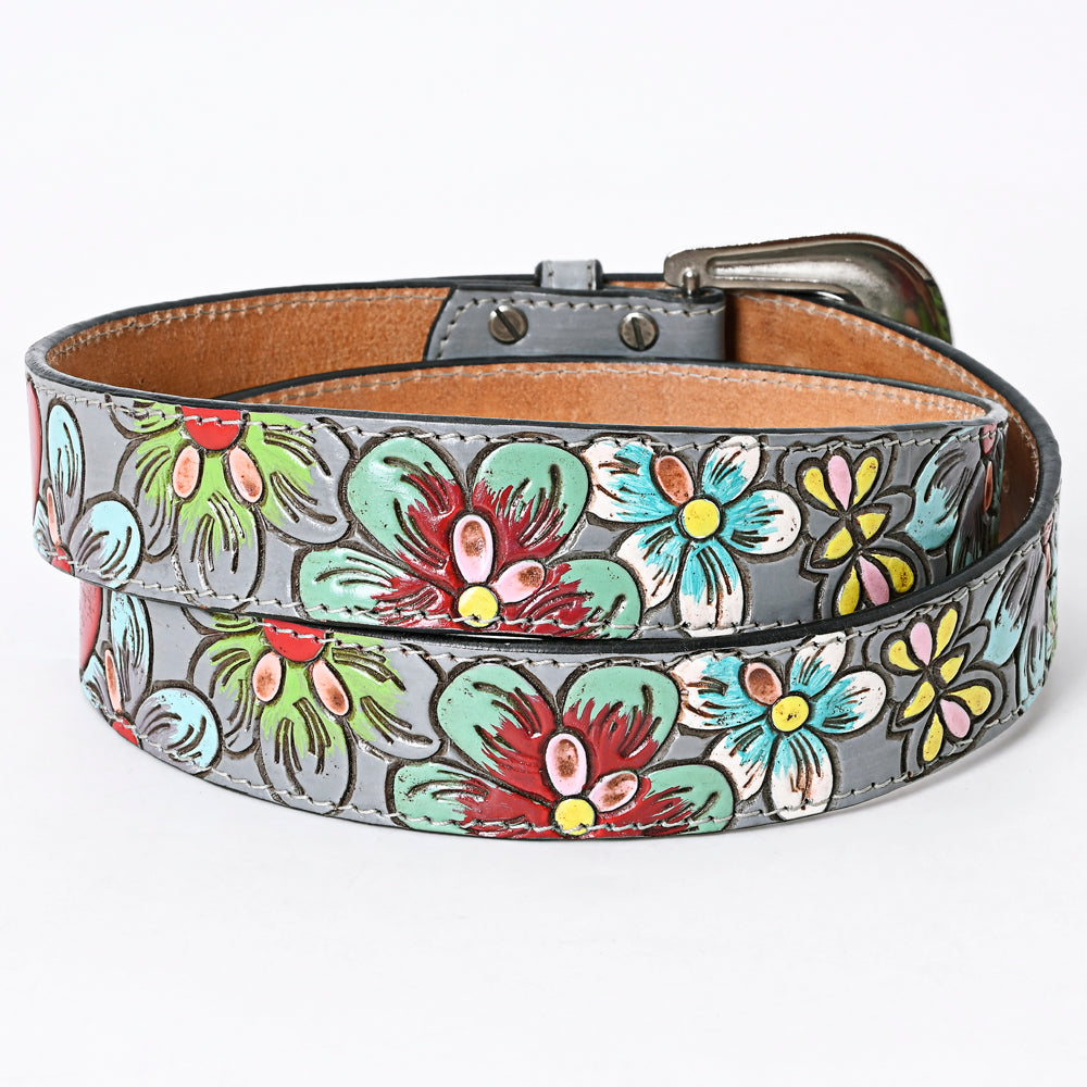 LC-ADBLF127 Hand-Tooled Leather Belt - Multicolor Flowers on Gray with Western Buckle