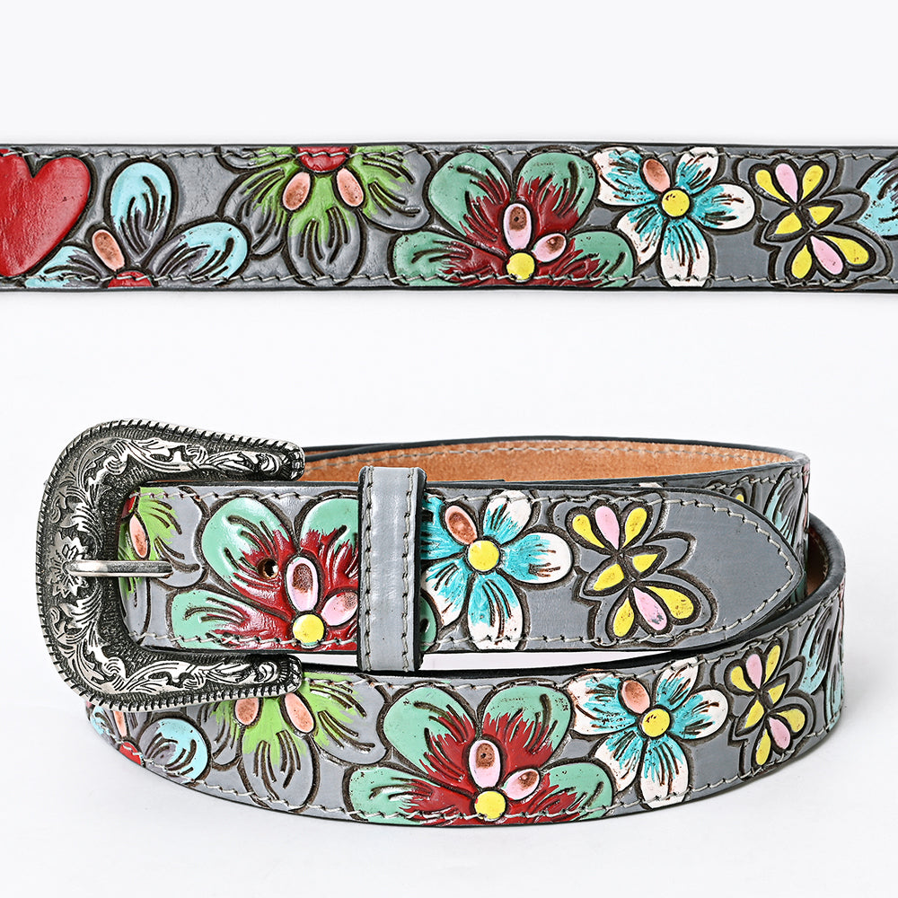 LC-ADBLF127 Hand-Tooled Leather Belt - Multicolor Flowers on Gray with Western Buckle
