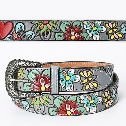 LC-ADBLF127 Hand-Tooled Leather Belt - Multicolor Flowers on Gray with Western Buckle