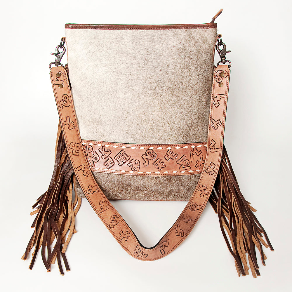 ADBG316 Hair-On Cowhide & Tooled Leather Western Large Crossbody Bag Fringe Crossbody