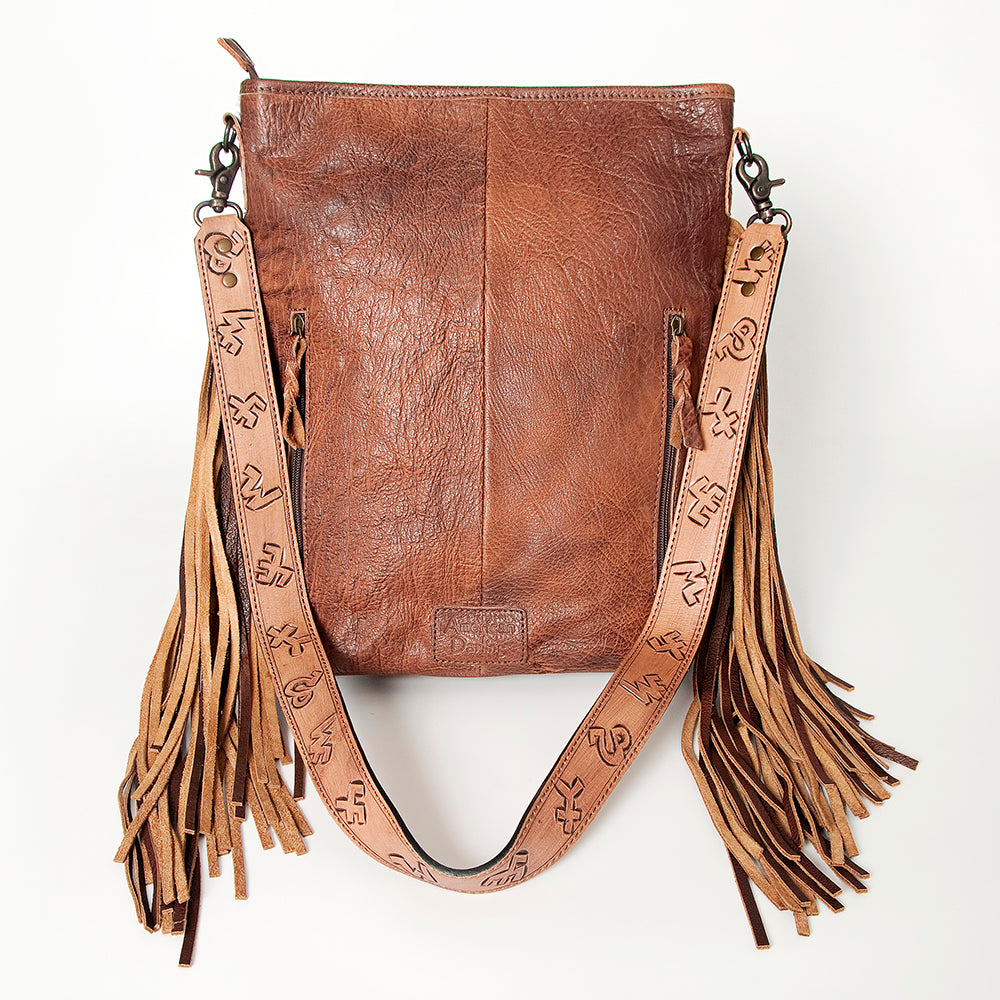 ADBG316 Hair-On Cowhide & Tooled Leather Western Large Crossbody Bag Fringe Crossbody